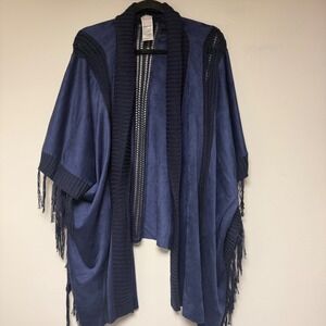 Chico's Poncho Wrap Women One Size Navy Blue Excellent Faux Suede Fringe Boho